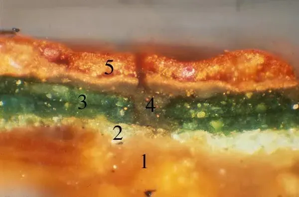 macrophotographie d'une stratigraphie de peinture